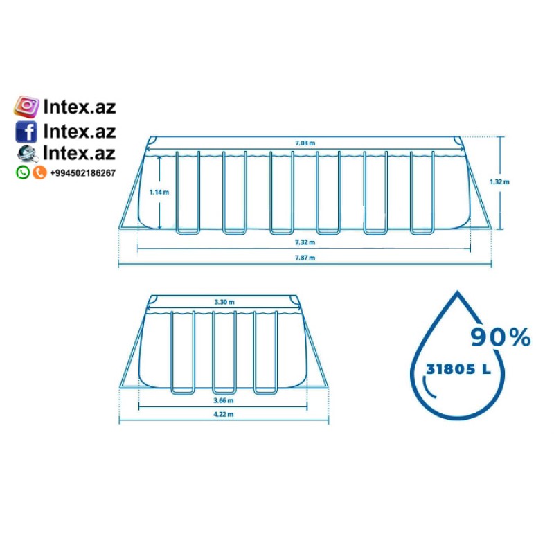 Каркасный прямоугольный бассейн Intex 26364 732х366х132 см Ultra XTR